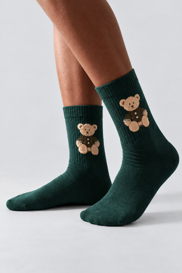 TEDDY PATTERNED UNISEX SOCKS DARK GREEN
