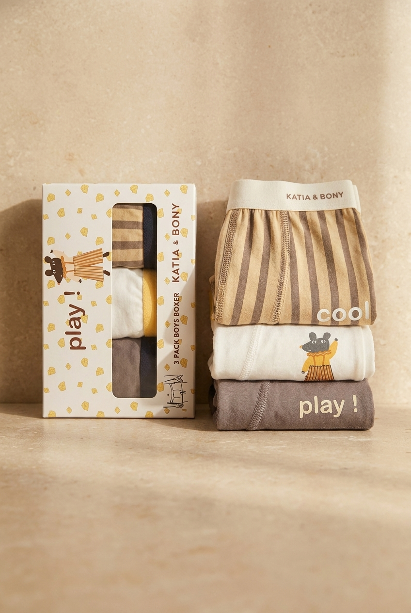 3PCK Mouse Patterned Boys' Boxed Boxer Shorts BROWN