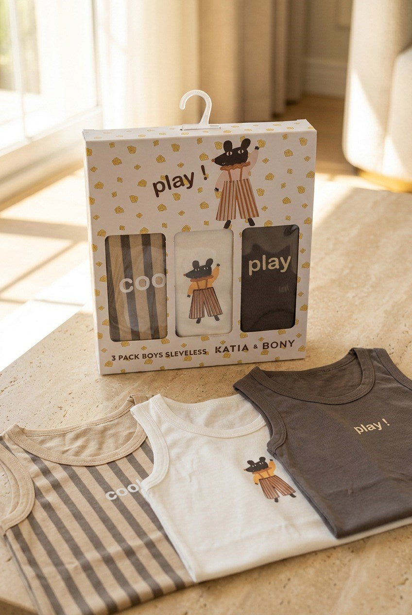 3PCK Mouse Patterned Boys' Boxed Undershirt BROWN