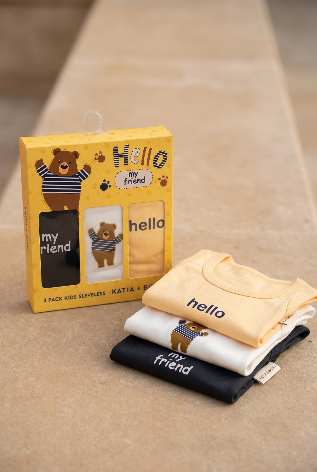 3PCK TEDDY CHILDREN'S BOXED TANK TOP YELLOW