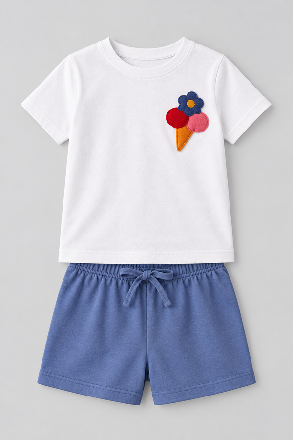 FLORAL OUTBURST ICE CREAM THEMED GIRLS' SHORTS SET ECRU