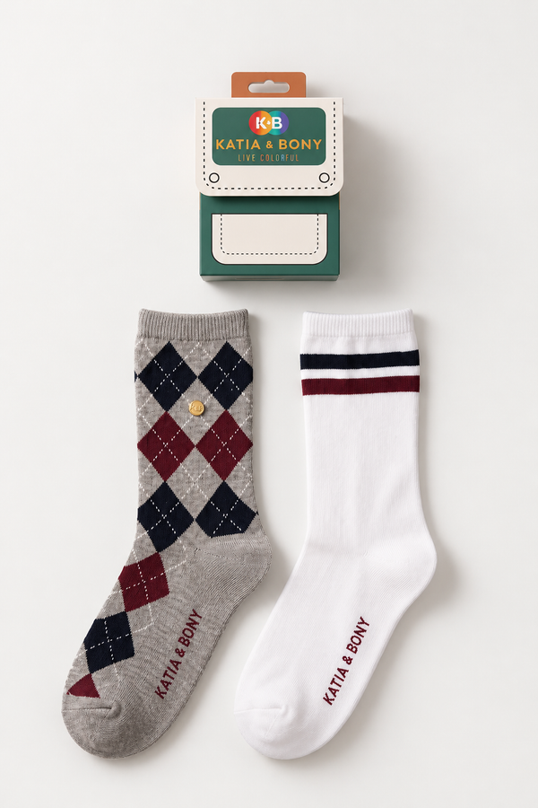 2PCK PLAID BOXED BOYS SOCKS WHITE-GREY