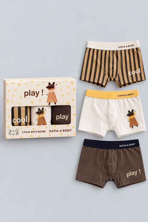 3PCK Mouse Patterned Boys' Boxed Boxer Shorts BROWN