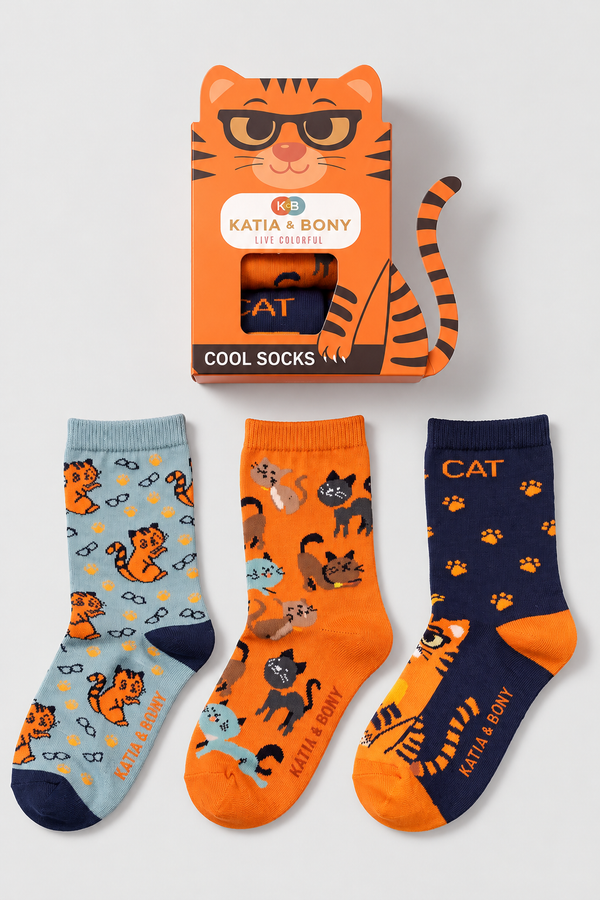 3PCK Cat Pattern Boxed Children's Ankle Socks MIX