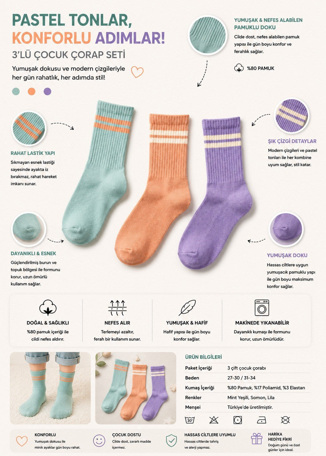 3PCK STRIPED GIRLS SOCKET SOCKS MINT MIX