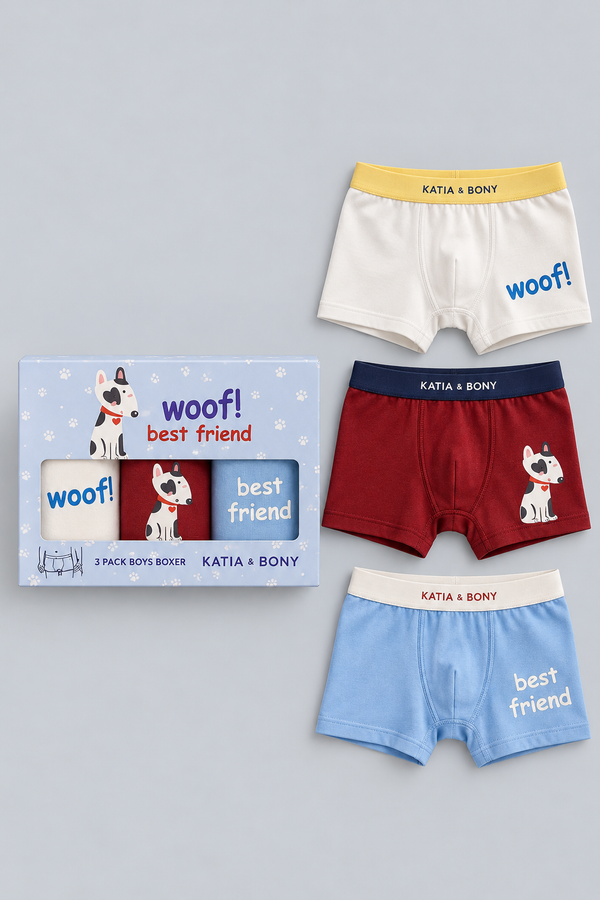3PCK Dog Patterned Boys' Boxed Boxer Shorts RED