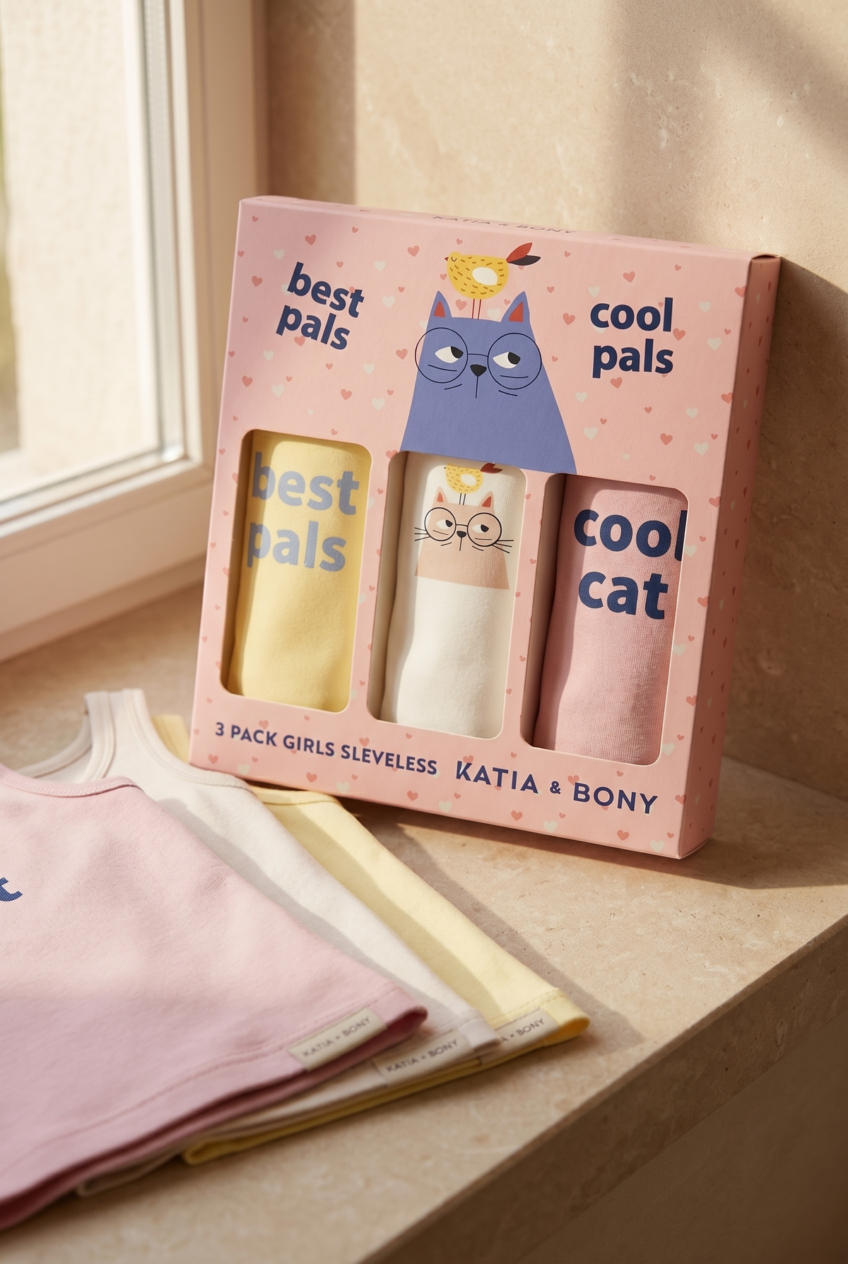 3PCK CAT DESIGN GIRL'S BOXED TANK TOP PINK