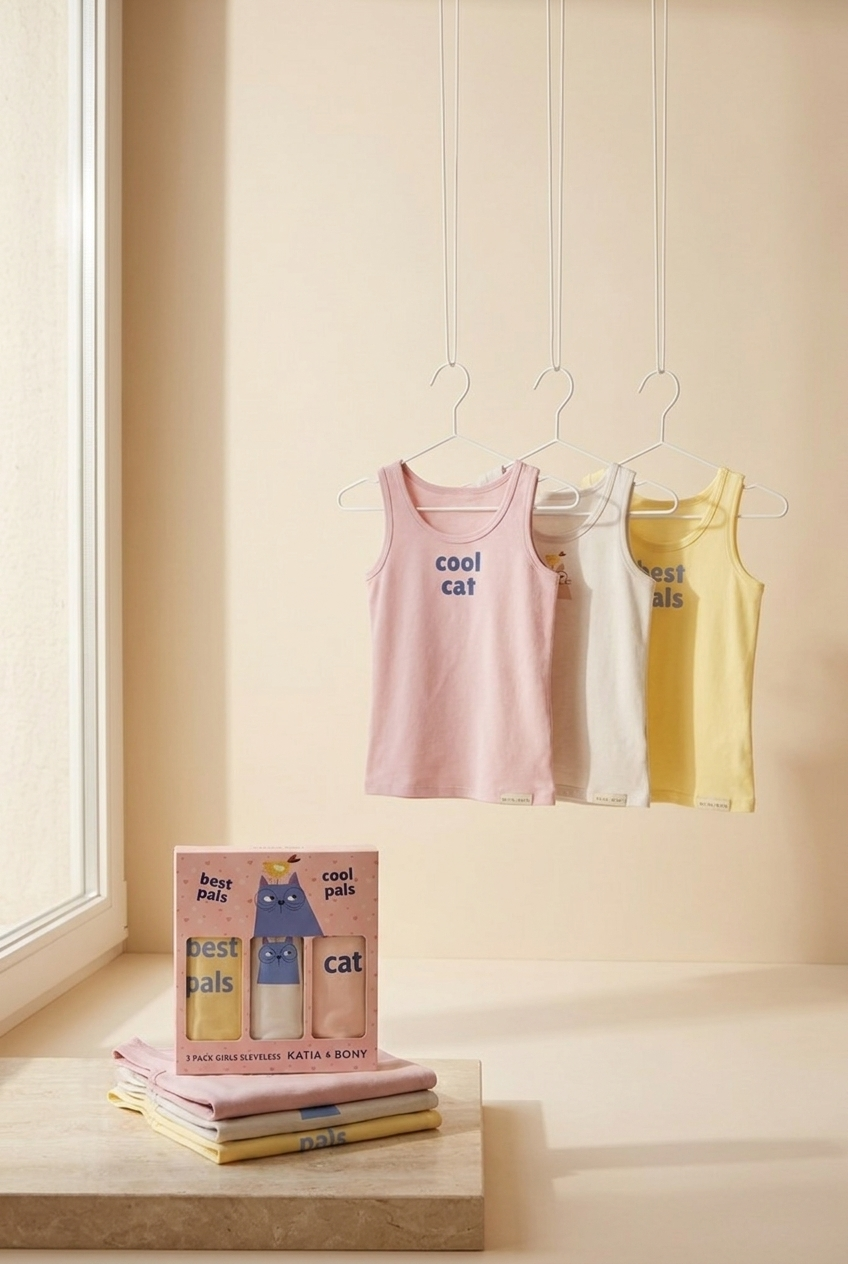 3PCK CAT DESIGN GIRL'S BOXED TANK TOP PINK