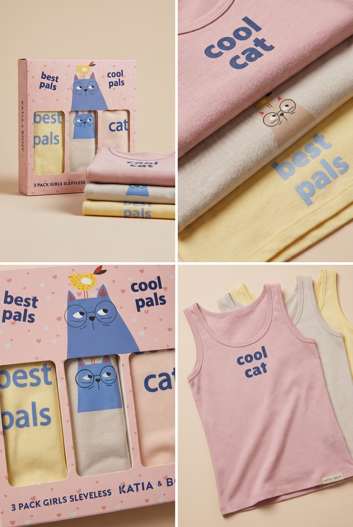 3PCK CAT DESIGN GIRL'S BOXED TANK TOP PINK