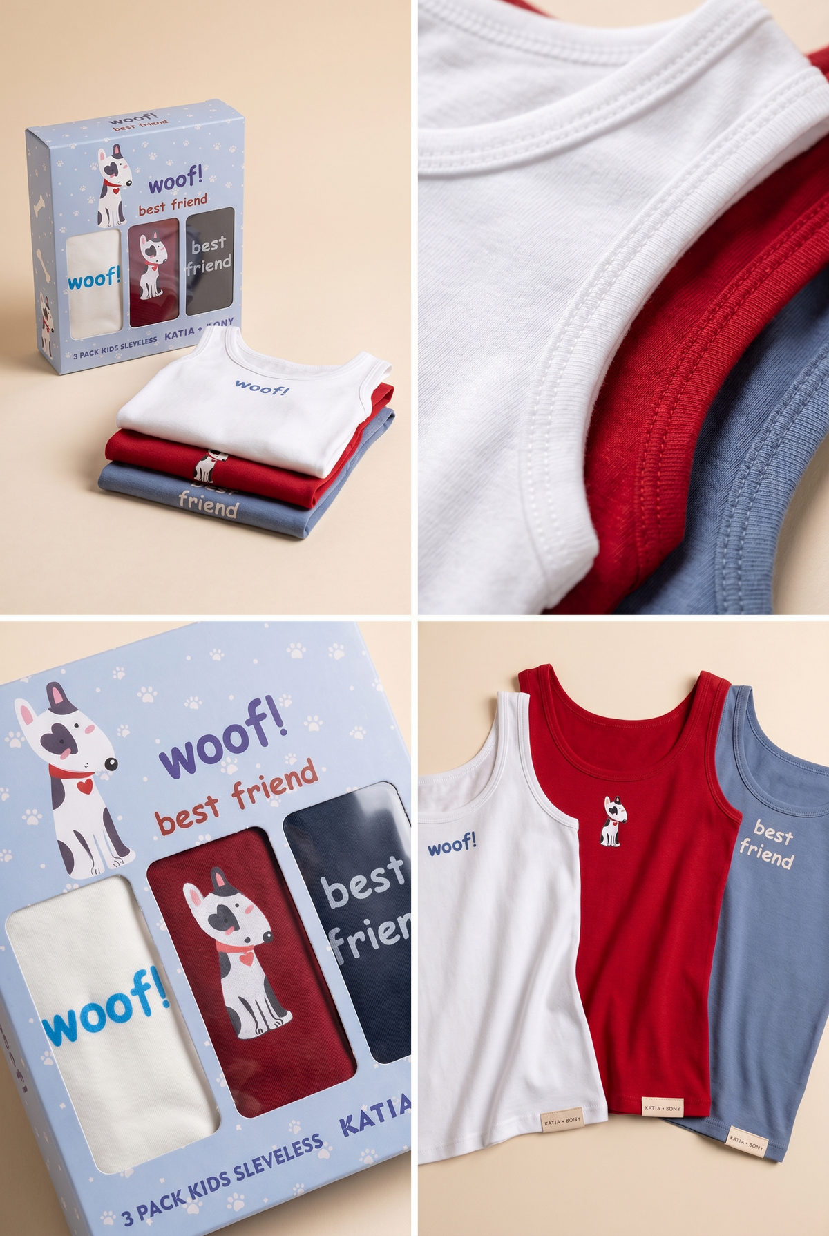 3PCK Dog Patterned Kids' Boxed Tank Top RED