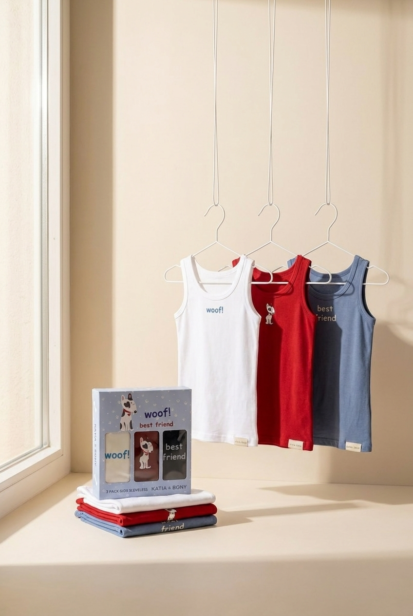 3PCK Dog Patterned Kids' Boxed Tank Top RED