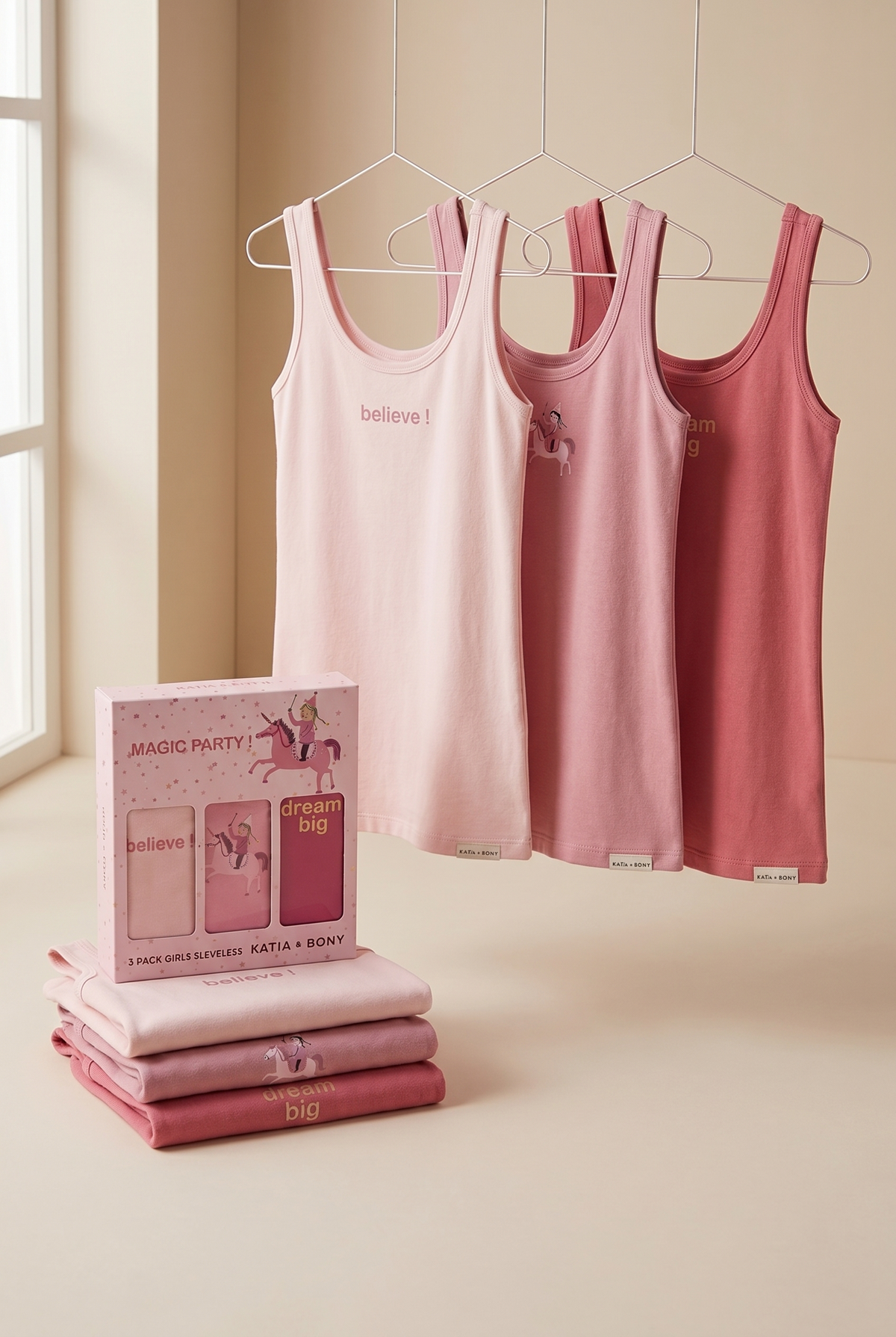 3PCK UNICORN GIRL'S BOXED TANK TOP PINK