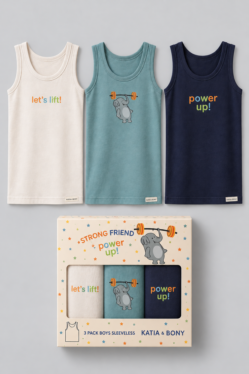 3PCK Elephant Patterned Boys' Boxed Undershirt NAVY