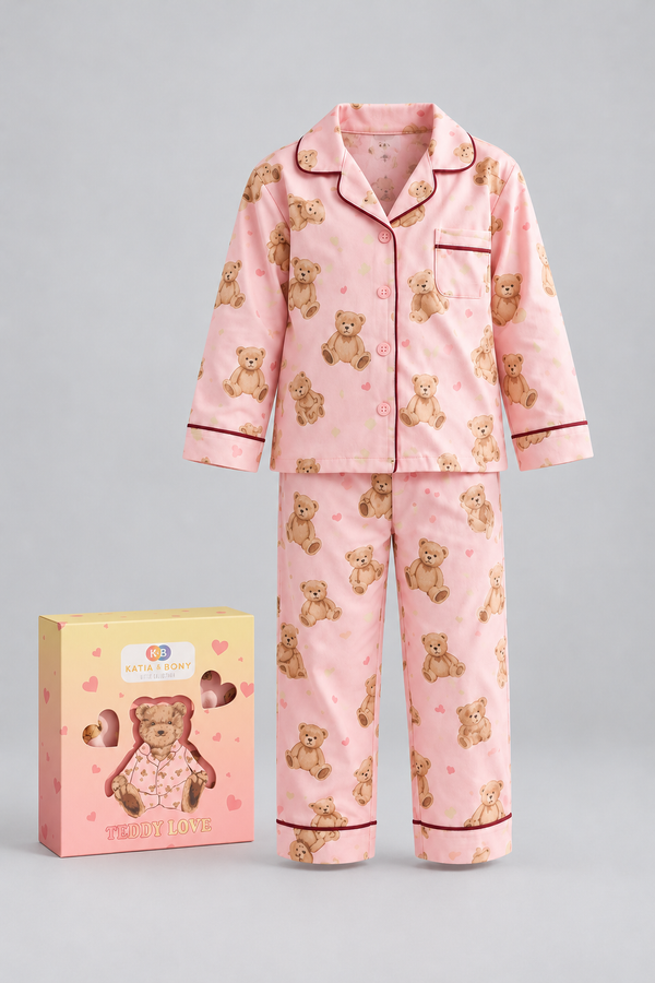 TEDDY PATTERNED BOXED GIRLS PYJAMAS SET PEACH