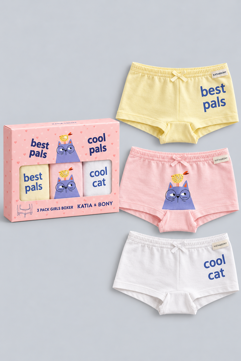 3PCK CAT DESIGN GIRL'S BOXER SHORTS PINK