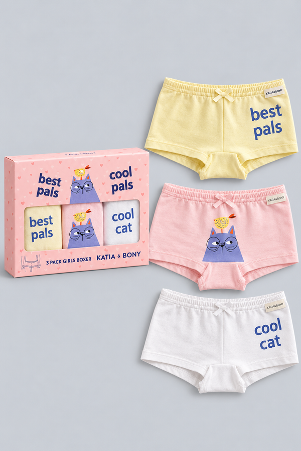 3PCK CAT DESIGN GIRL'S BOXER SHORTS PINK