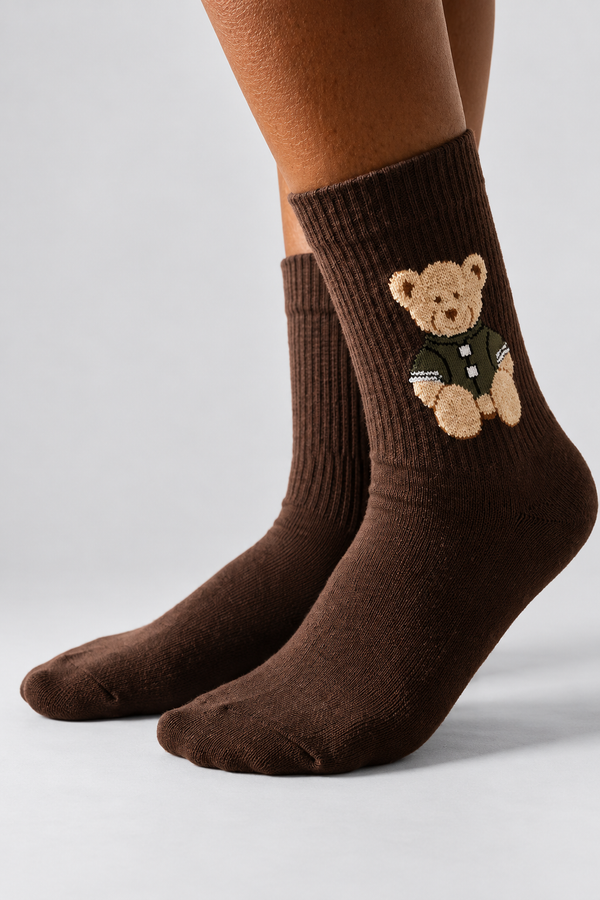 TEDDY PATTERNED UNISEX SOCKS DARK BROWN