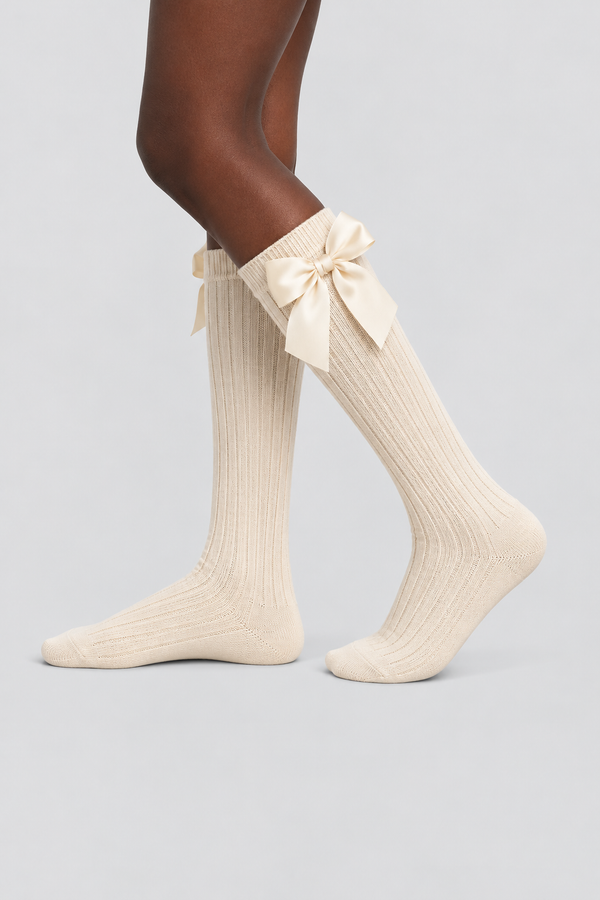 RIBBON-WOVEN CHILDREN'S KNEE-HIGH SOCKS ECRU