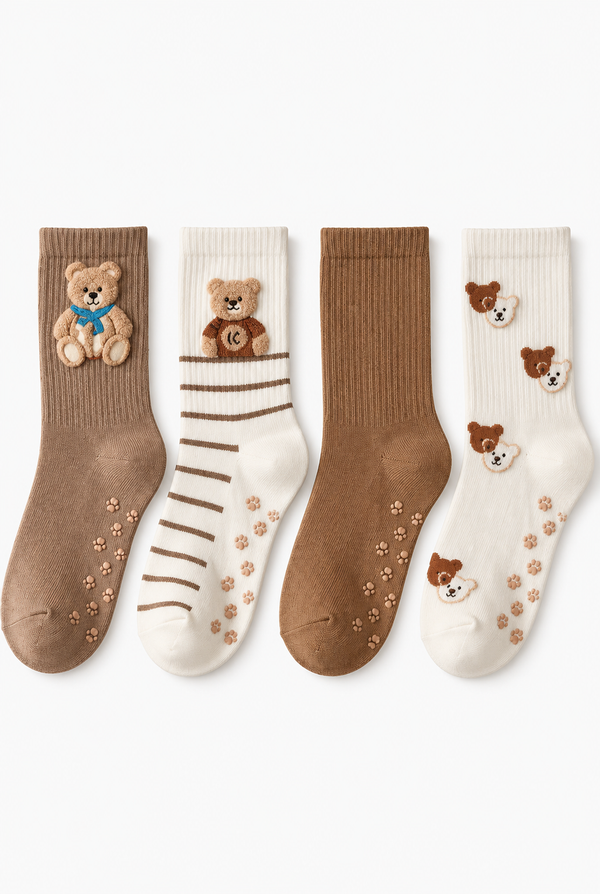 4 PCK CUTE TEDDY SOCKET SOCKS BROWN MIX