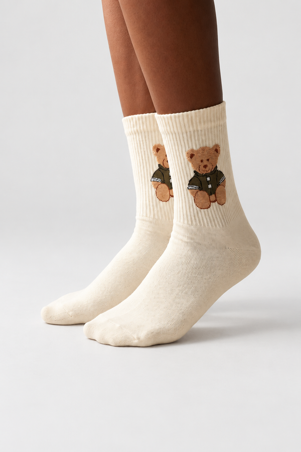 TEDDY PATTERNED UNISEX SOCKS ECRU