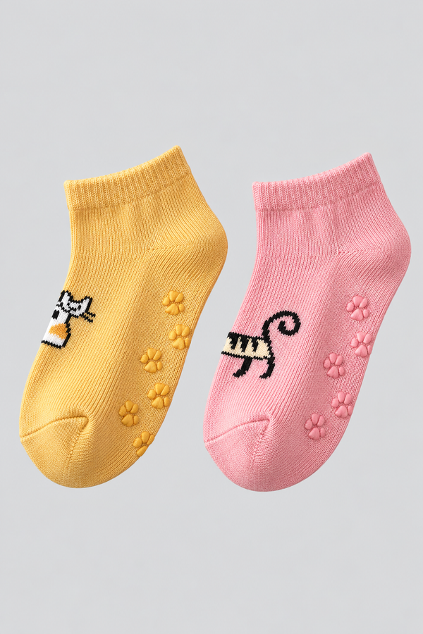 2PCK CAT BABY STEP SOCKS PINK/BROWN