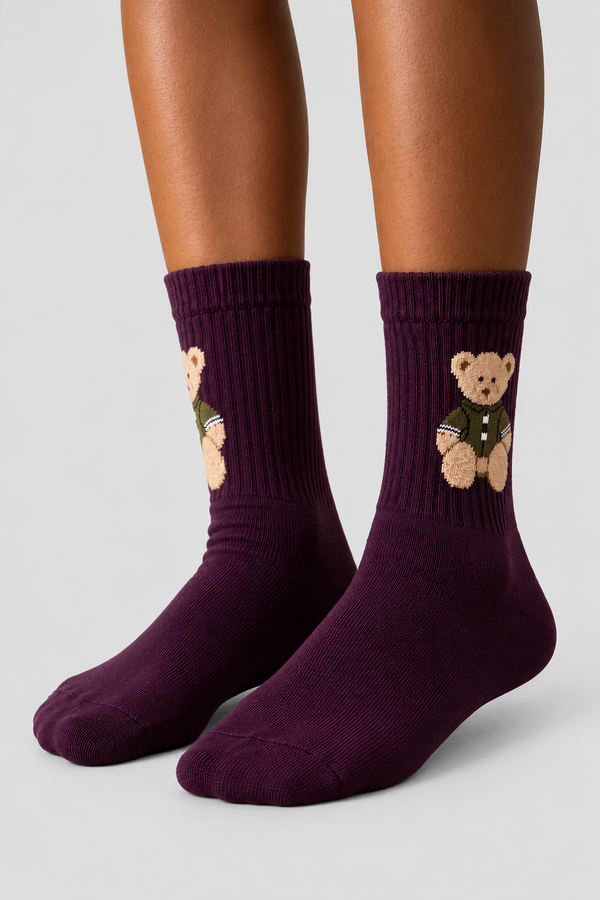 TEDDY PATTERNED UNISEX SOCKS PURPLE