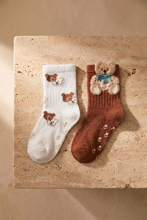 2 PCK PRINTED BABY SOCKS ECRU - DARK BROWN