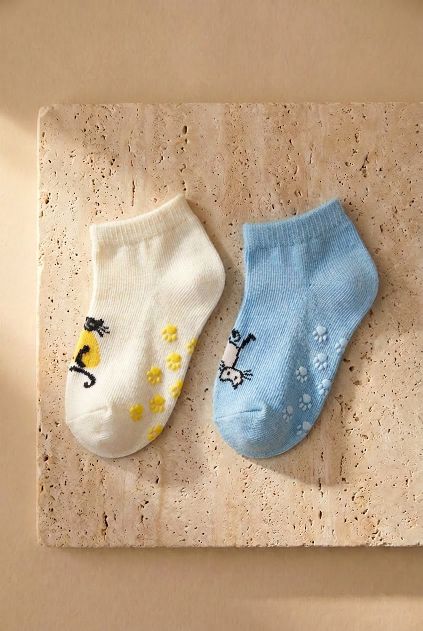 2PCK CAT BABY STEP SOCKS ECRU-BLUE