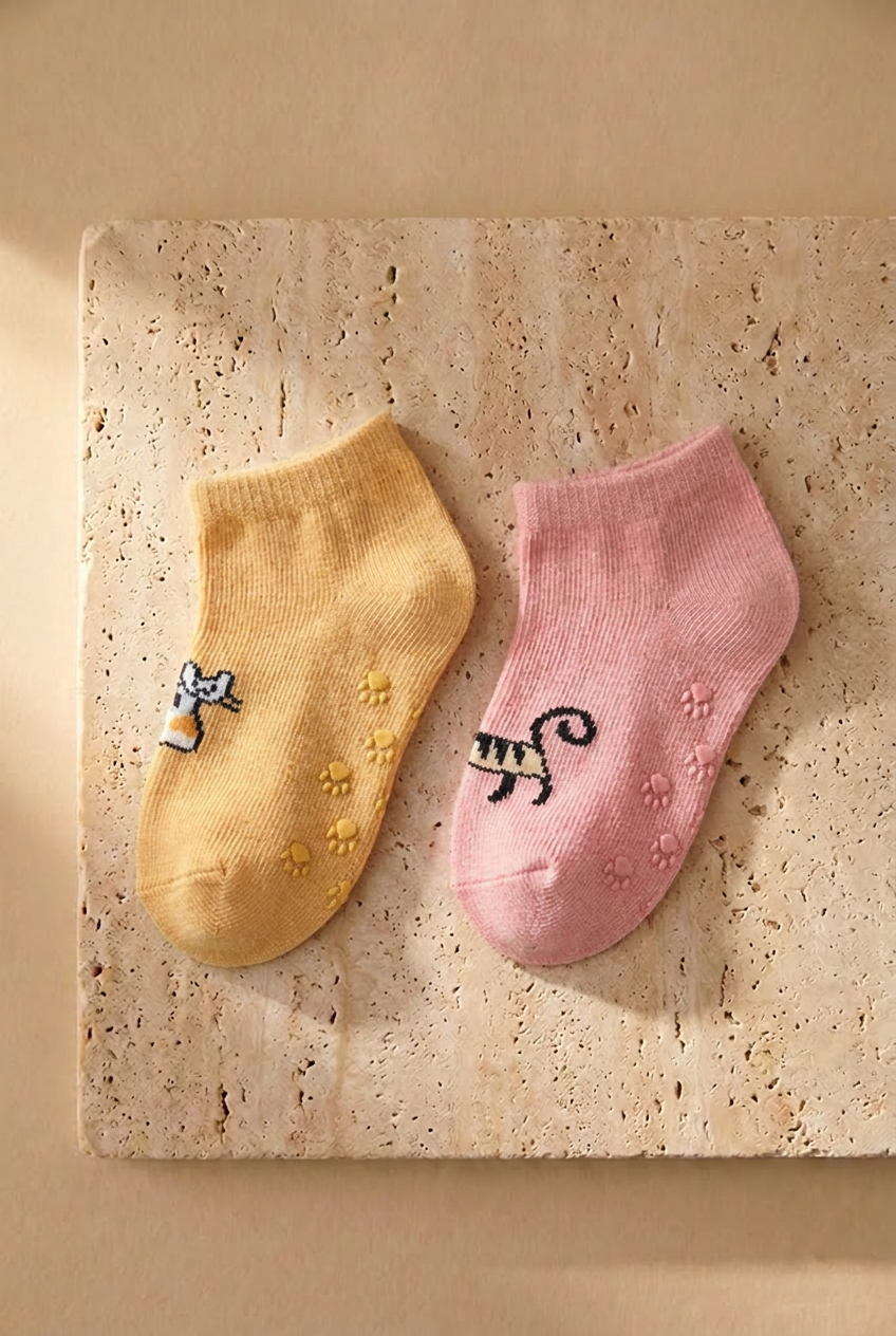 2PCK CAT BABY STEP SOCKS PINK/BROWN