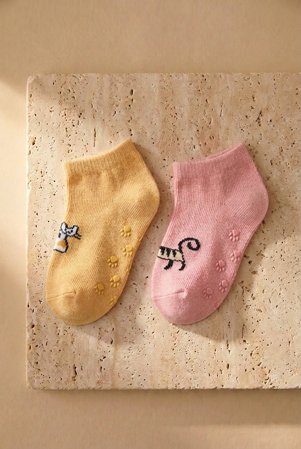 2PCK CAT BABY STEP SOCKS PINK/BROWN
