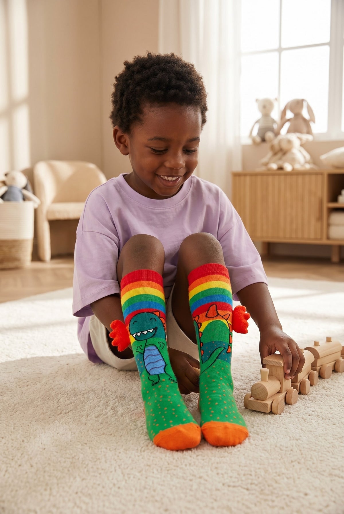 DINOSAUR PATTERNED ACCESSORIZED CHILDREN'S KNEE-HIGH SOCKS MIX