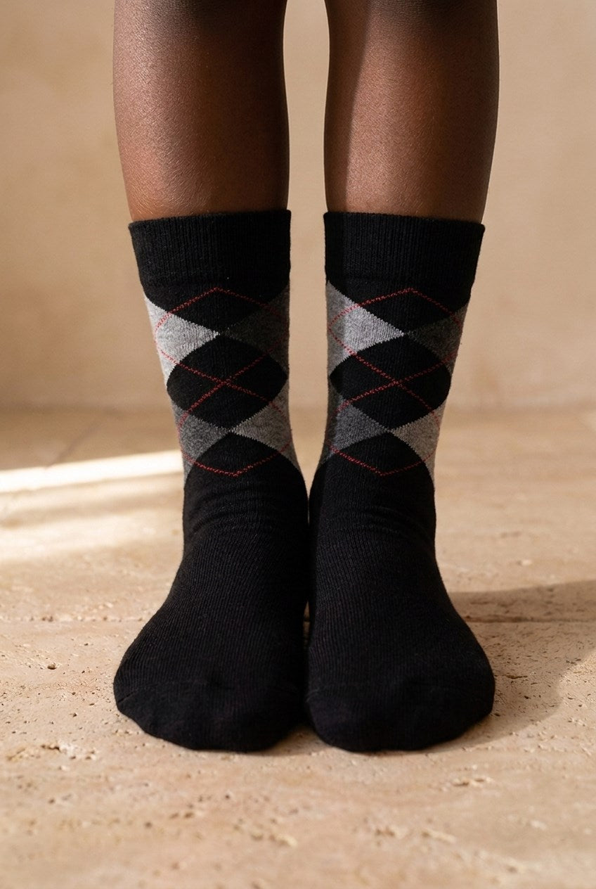 PLAID PATTERNED CHILDREN SOCK BLACK