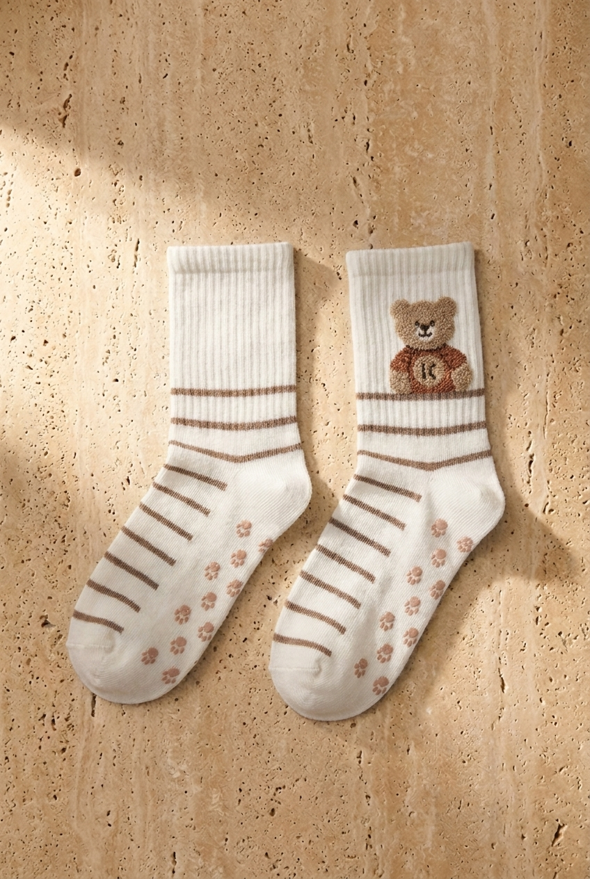4 PCK CUTE TEDDY SOCKET SOCKS BROWN MIX