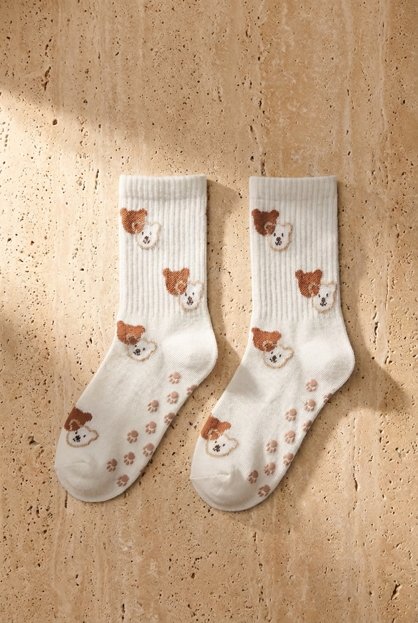 4 PCK CUTE TEDDY SOCKET SOCKS BROWN MIX