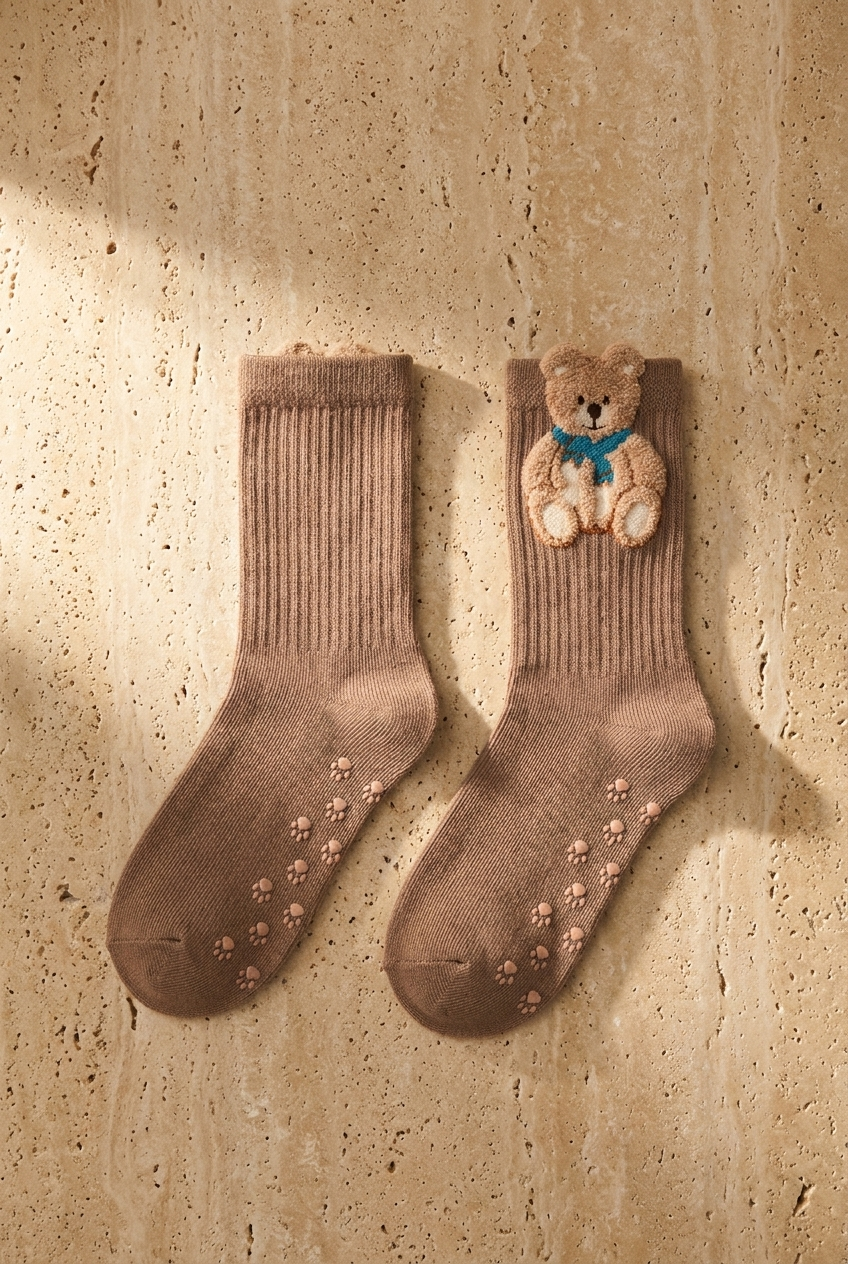 4 PCK CUTE TEDDY SOCKET SOCKS BROWN MIX