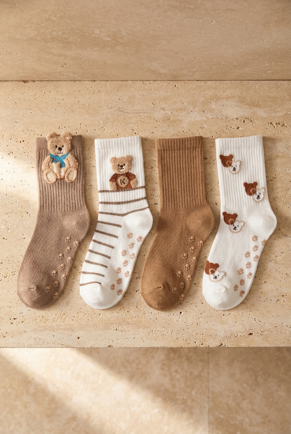 4 PCK CUTE TEDDY SOCKET SOCKS BROWN MIX