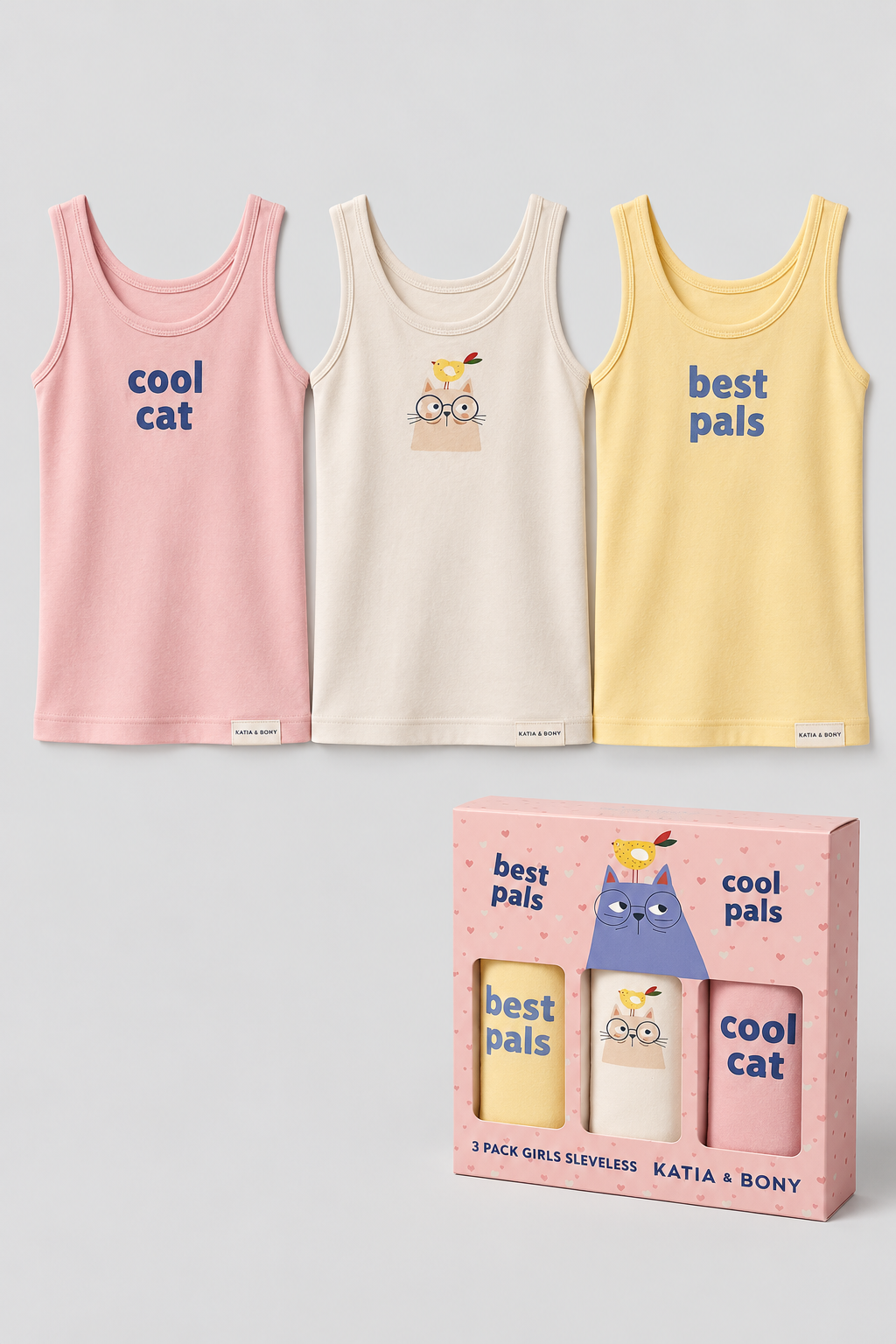 3PCK CAT DESIGN GIRL'S BOXED TANK TOP PINK