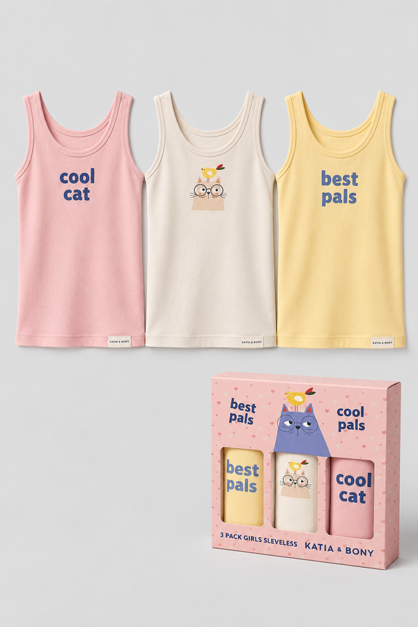 3PCK CAT DESIGN GIRL'S BOXED TANK TOP PINK