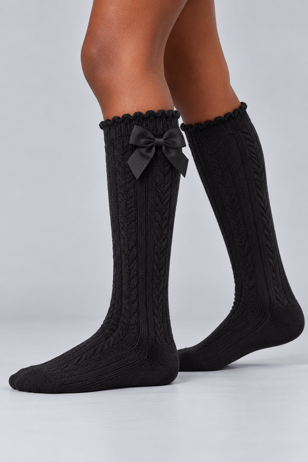 HEART EMBROIDERED CHILDREN'S KNEE SOCKS BLACK