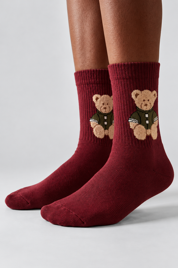TEDDY PATTERNED UNISEX SOCKS BURGUNDY
