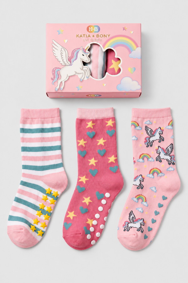 3PCK UNICORN BOXED GIRL SOCKET SOCKS PINK MIX