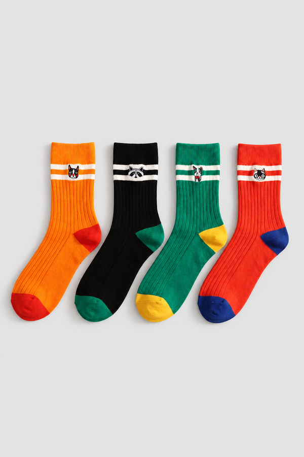 4 PCK ANIMALS BOX UNISEX ART SOCKET SOCKS BLACK/GREEN/RED/ORANGE