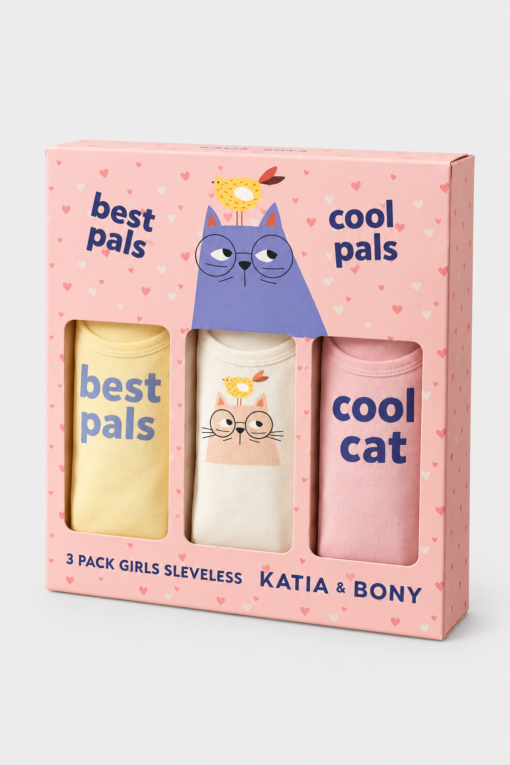 3PCK CAT DESIGN GIRL'S BOXED TANK TOP PINK