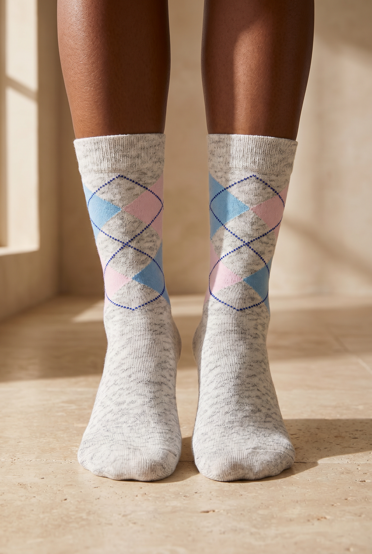 PLAID PATTERNED COTTON WOMEN SOCKS GREY MELANGE