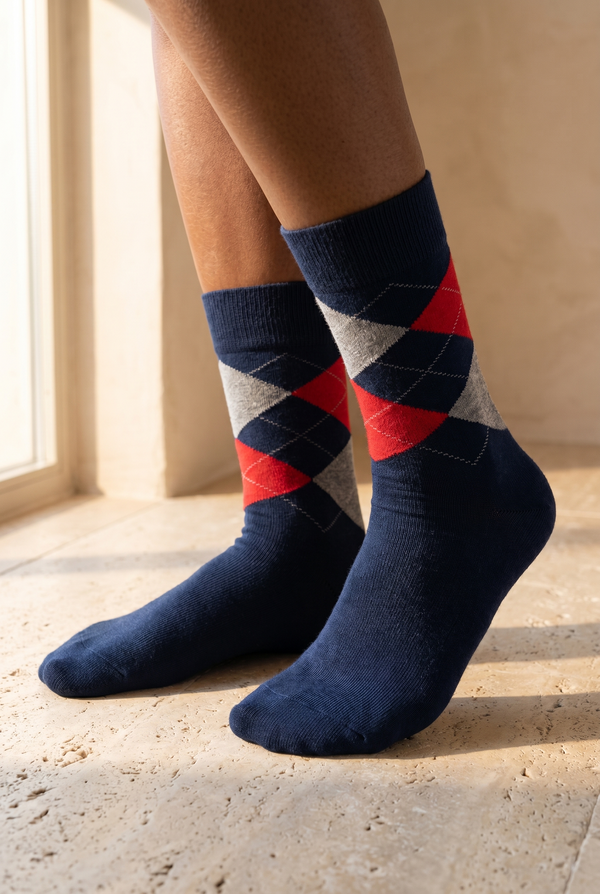 PLAID PATTERNED COTTON WOMEN SOCKS NAVY