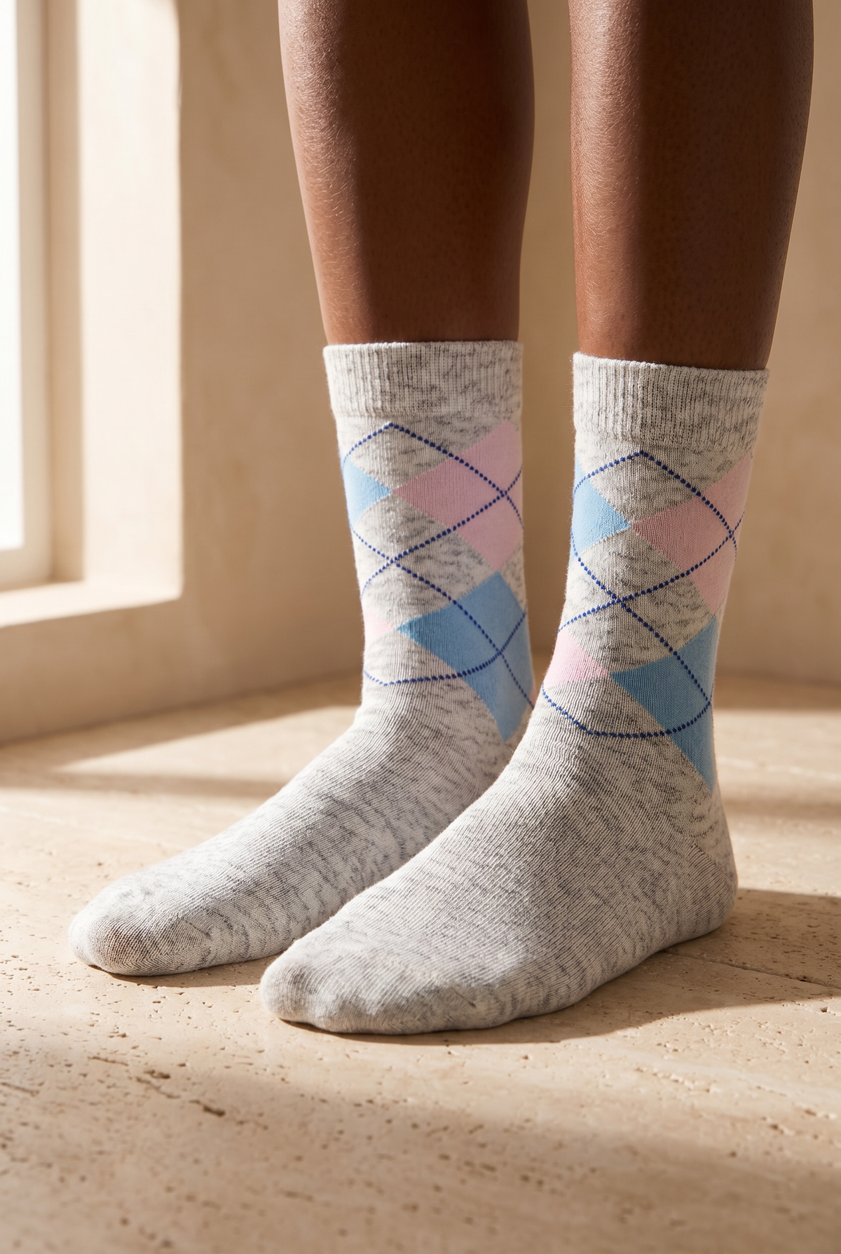 PLAID PATTERNED COTTON WOMEN SOCKS GREY MELANGE