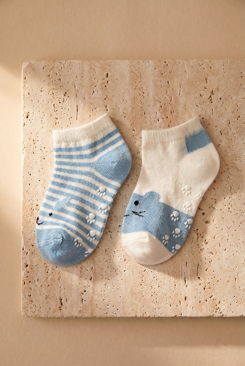 2PCK CUTE ANIMAL PATTERNED BABY STEP SOCKS BLUE/WHITE