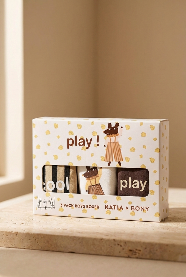 3PCK Mouse Patterned Boys' Boxed Boxer Shorts BROWN