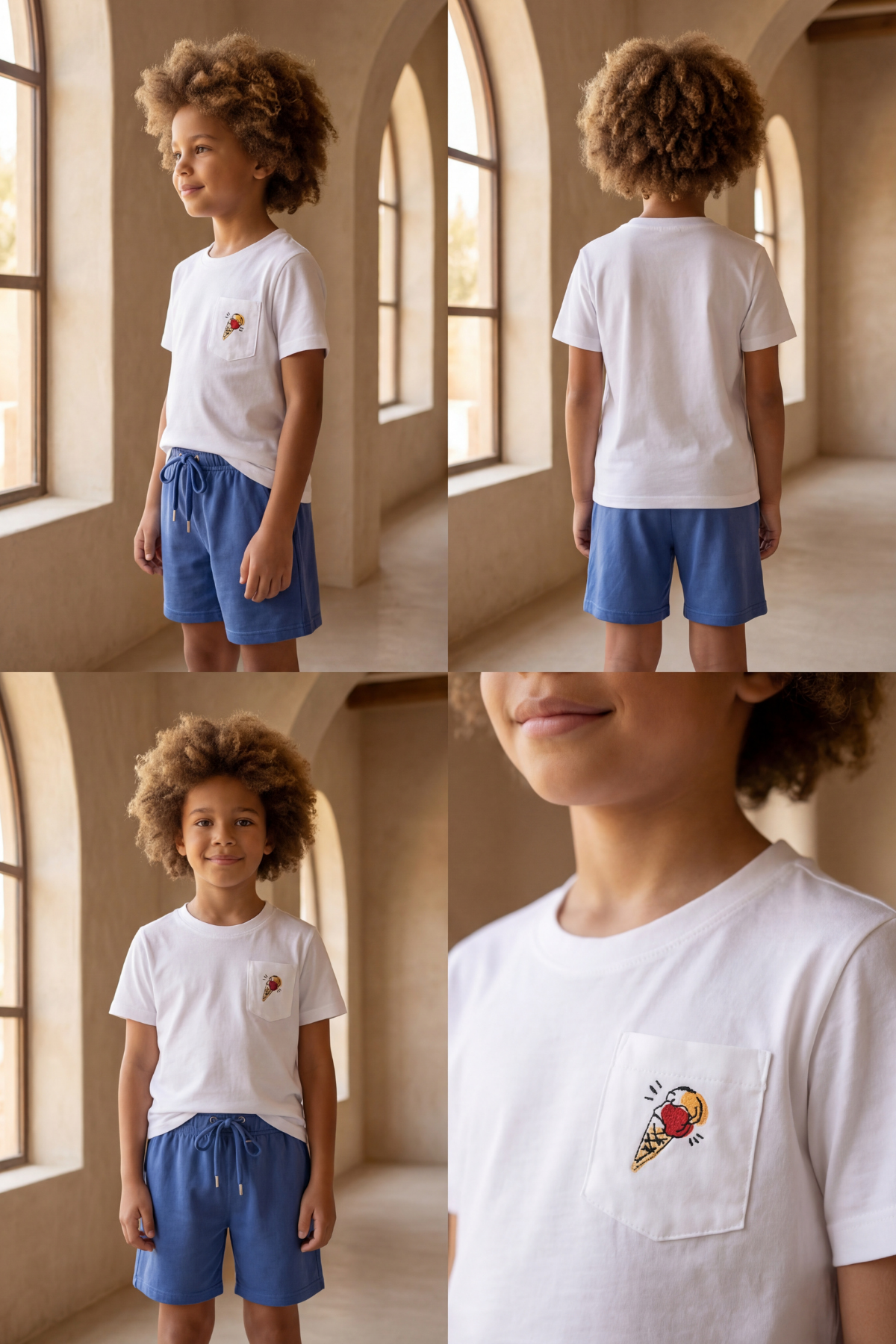 FLORAL OUTBURST ICE CREAM THEMED BOYS SHORTS SET ECRU
