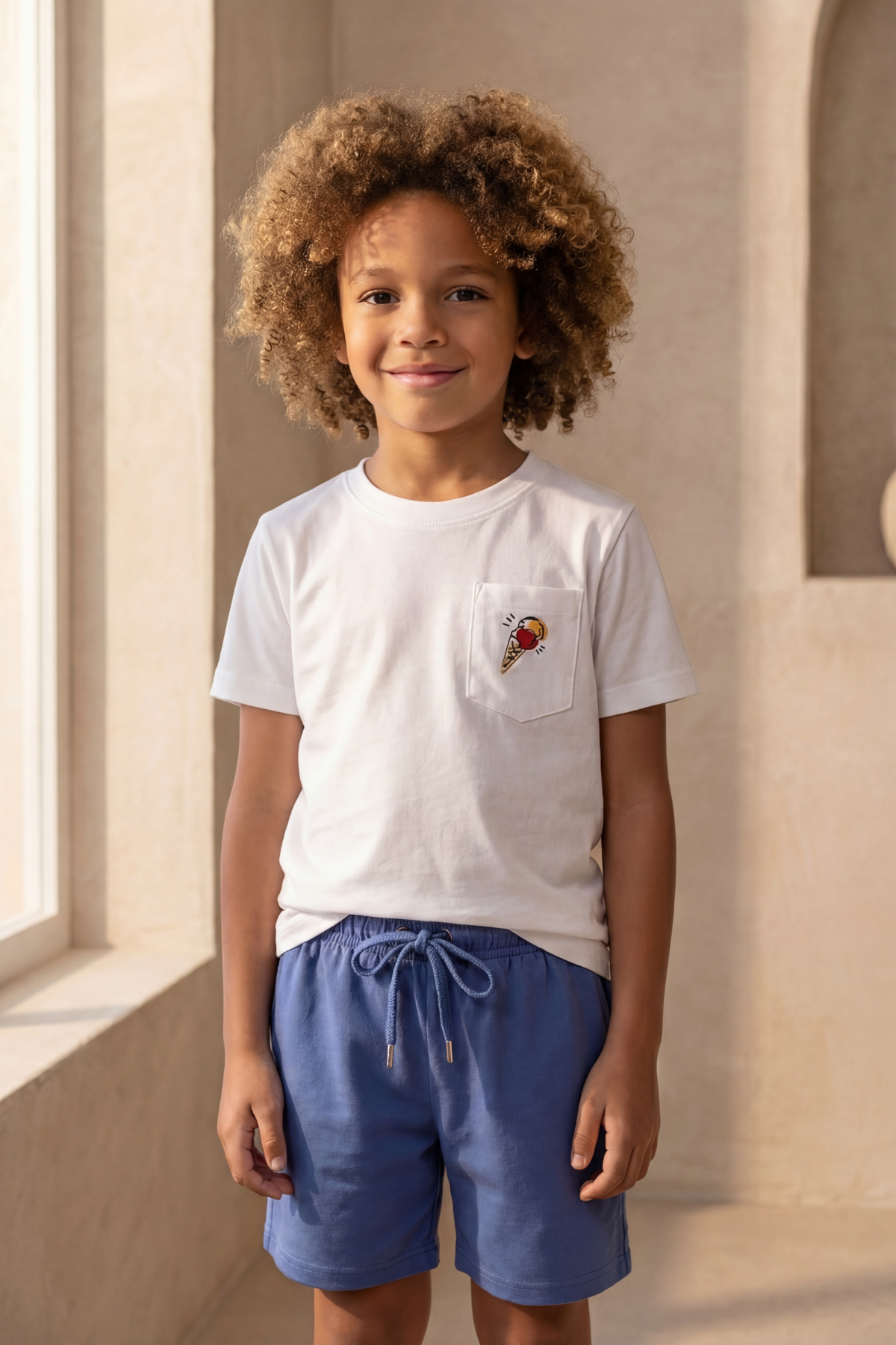 FLORAL OUTBURST ICE CREAM THEMED BOYS SHORTS SET ECRU